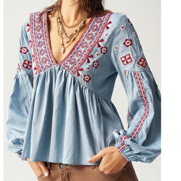 Boho Floral Embroidered V neck Embroidered Balloon Sleeve Blouse - Picture 1 of 7